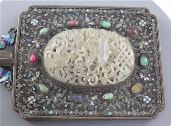 A Chinese silver and gem stone mount hand mirror with 17th/18th century jade plaque, the mount early 20th century, total length 27cm